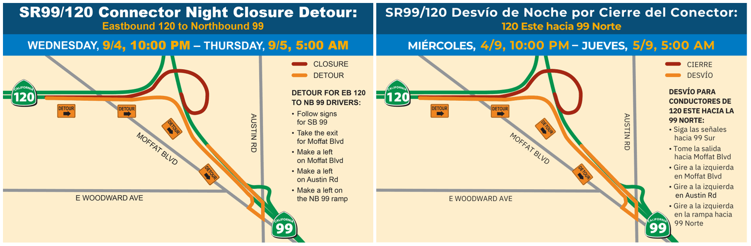 Image shows SR 99/120 detour map in English and Spanish.