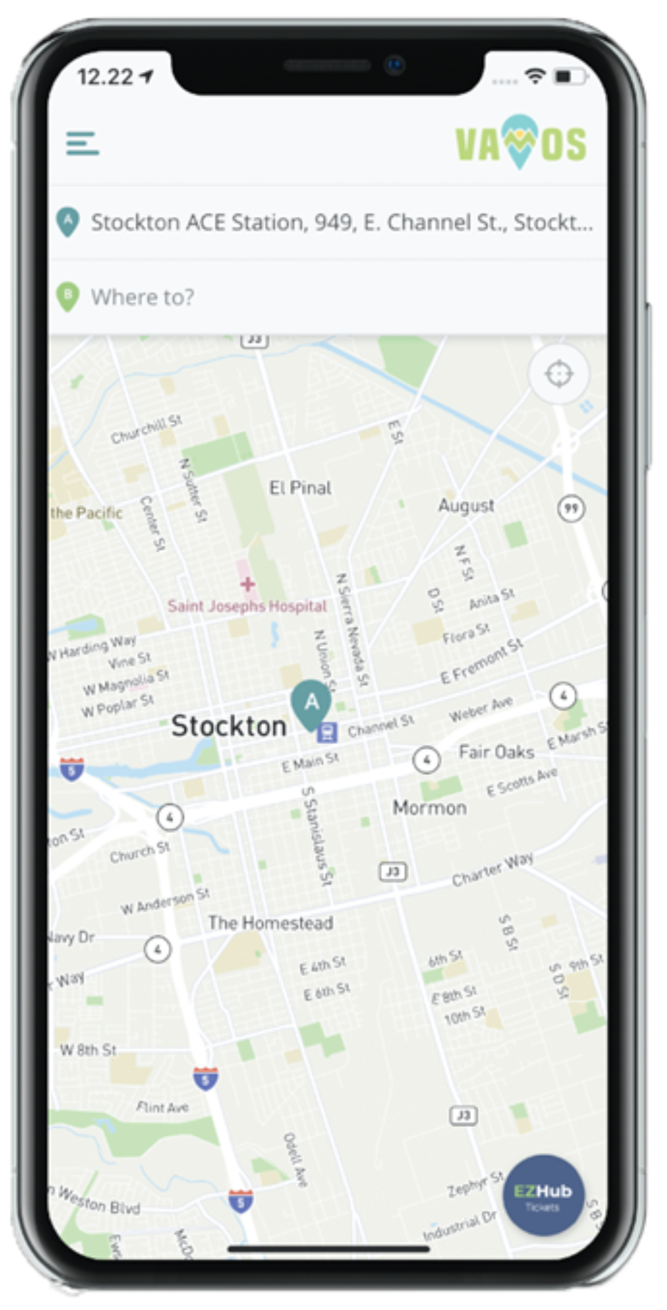 Screenshot of a cellphone with the Vamos-EZHub app open.
