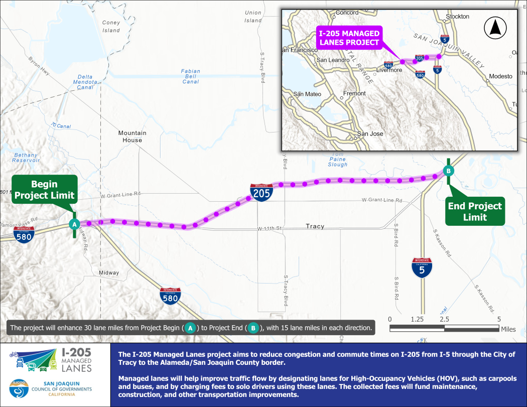 Shows the map of the I-205 Managed Lanes project.
