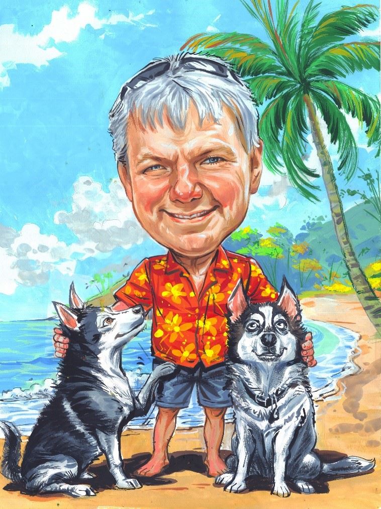 Caricature of Steve Dial on a beach in aloha shirt accompanied by his huskies.